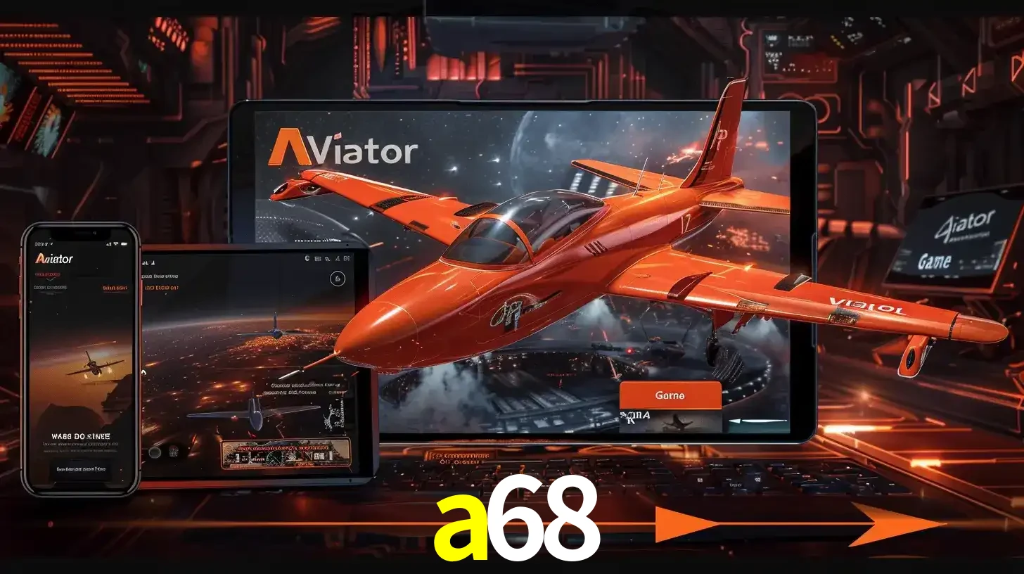 Apresentação tecnológica do jogo Aviator com um avião saindo da tela de um tablet, demonstrando a experiência imersiva em múltiplos dispositivos no a68.