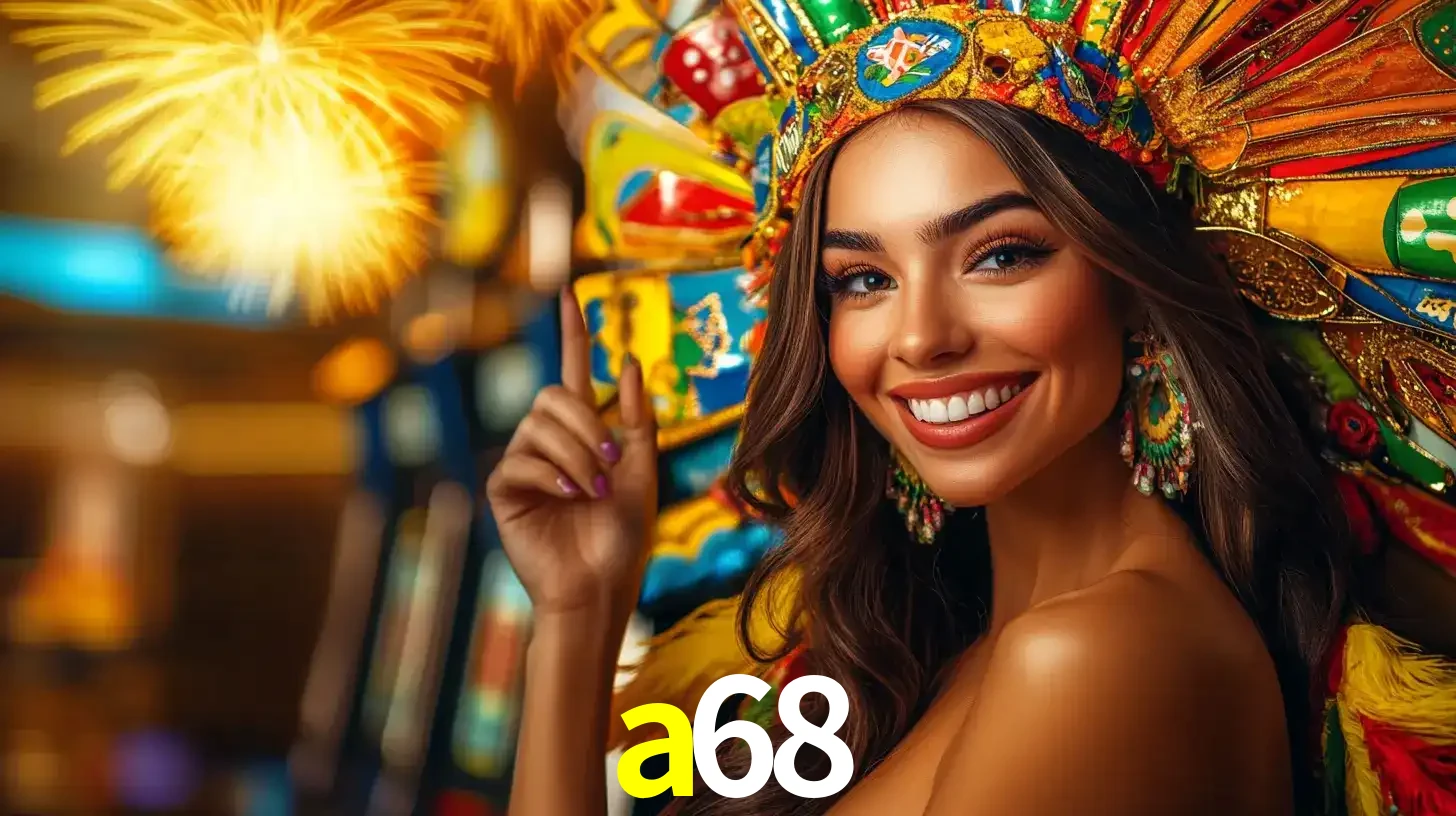 Mulher sorridente com um cocar de carnaval vibrante e colorido, celebrando uma grande vitória nos jogos do cassino a68 com fogos de artifício ao fundo.