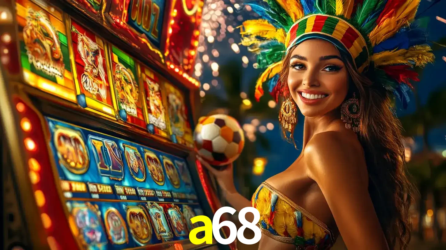 Mulher com um cocar de carnaval ao lado de uma máquina de caça-níqueis enquanto segura uma bola de futebol, mostrando a união da diversão de cassino e esportes no a68.