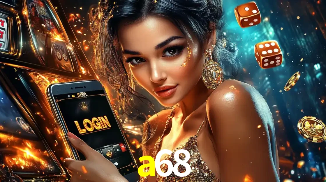 Mulher glamourosa segurando um celular com a tela de login do cassino a68, rodeada por dados e moedas douradas, pronta para começar a diversão.