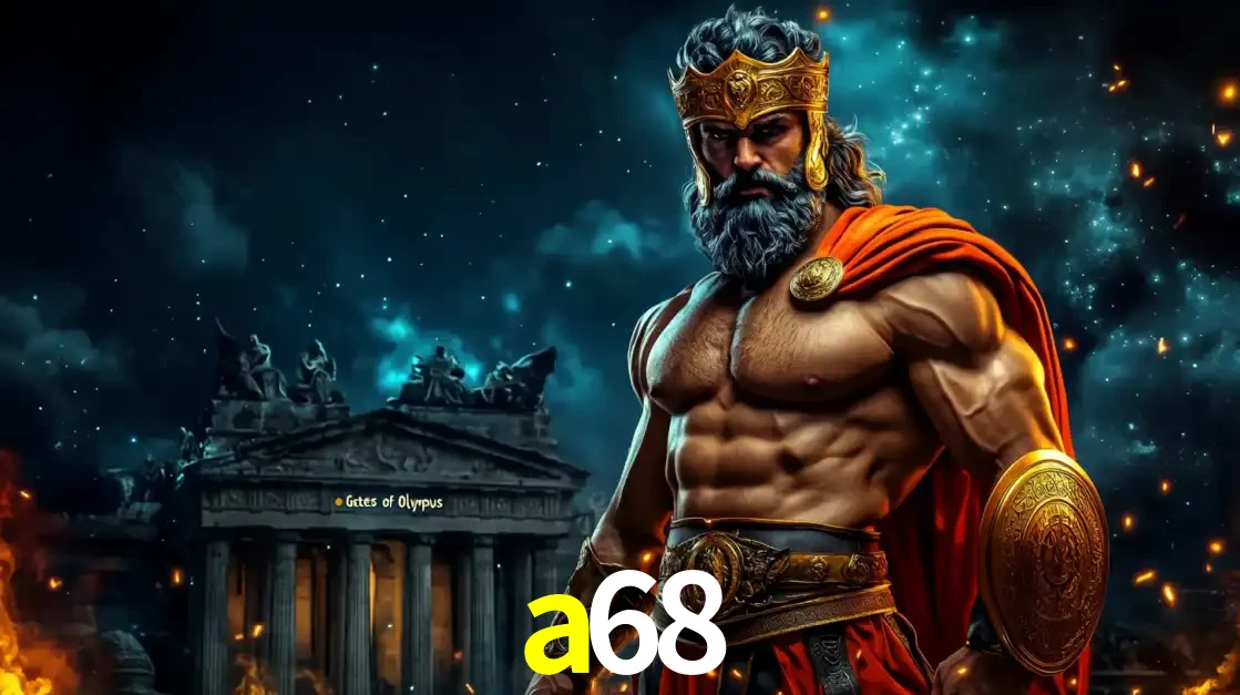 O poderoso Zeus do jogo de slot Gates of Olympus em frente ao seu templo, pronto para lançar multiplicadores divinos e prêmios épicos no cassino online a68.