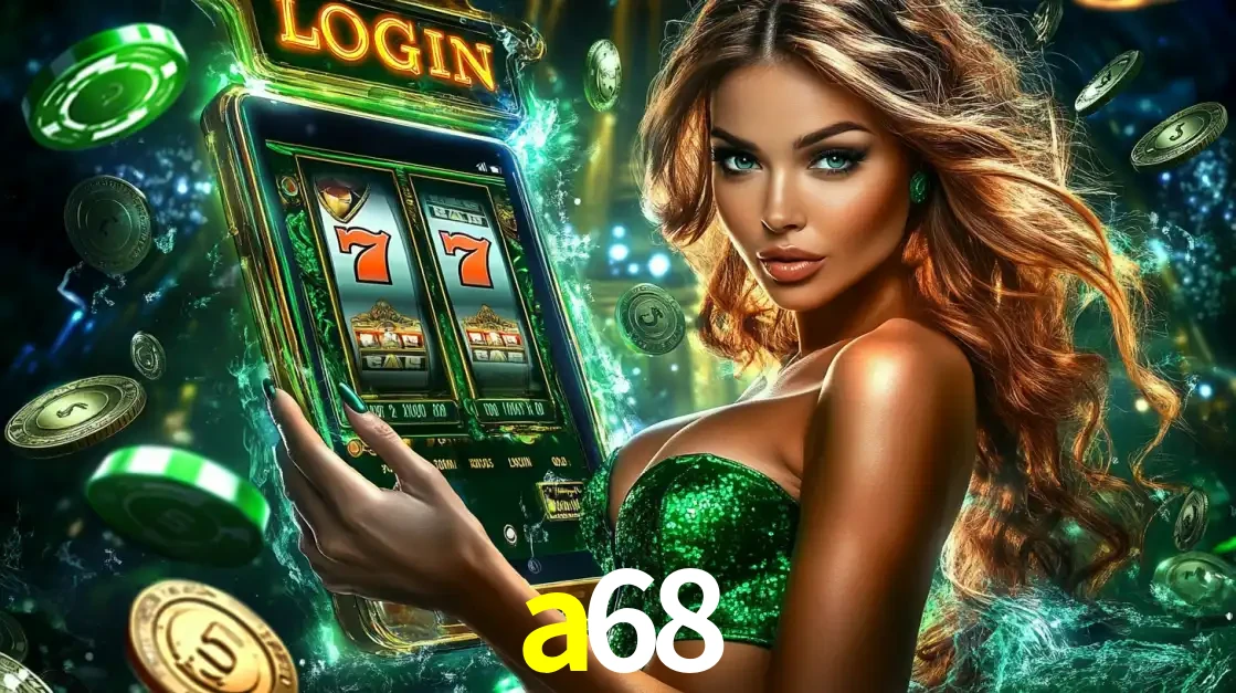 Mulher com tema verde apresentando o aplicativo do cassino a68 com um jogo de slot de 777, cercada por fichas de cassino e uma aura de sorte.