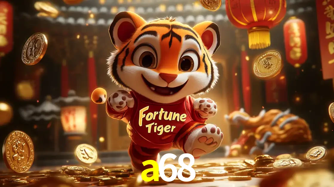O alegre personagem do Fortune Tiger correndo sobre um caminho de moedas de ouro, simbolizando os grandes prêmios e a diversão do popular jogo de slot do a68.