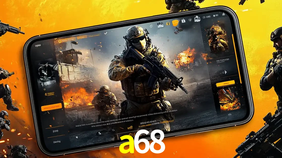 Um smartphone exibindo a interface de um jogo de tiro em primeira pessoa, com um soldado em um cenário de batalha, representando a ação dos e-sports para apostar no a68.