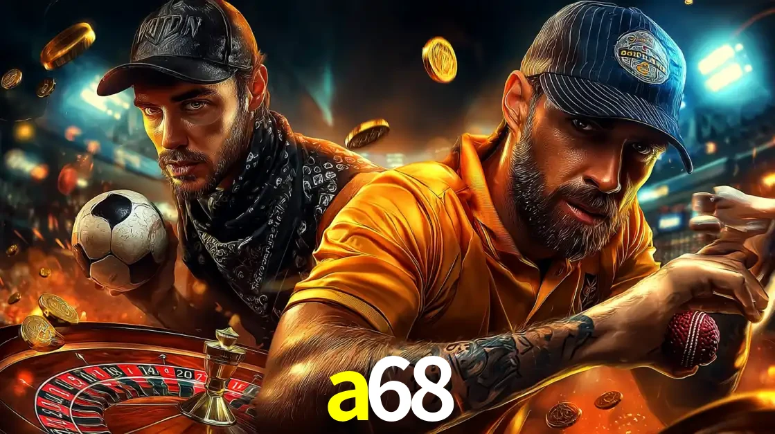 Montagem de apostas esportivas e cassino no a68, com um homem segurando uma bola de futebol e outro uma de beisebol sobre uma roleta e moedas voadoras.