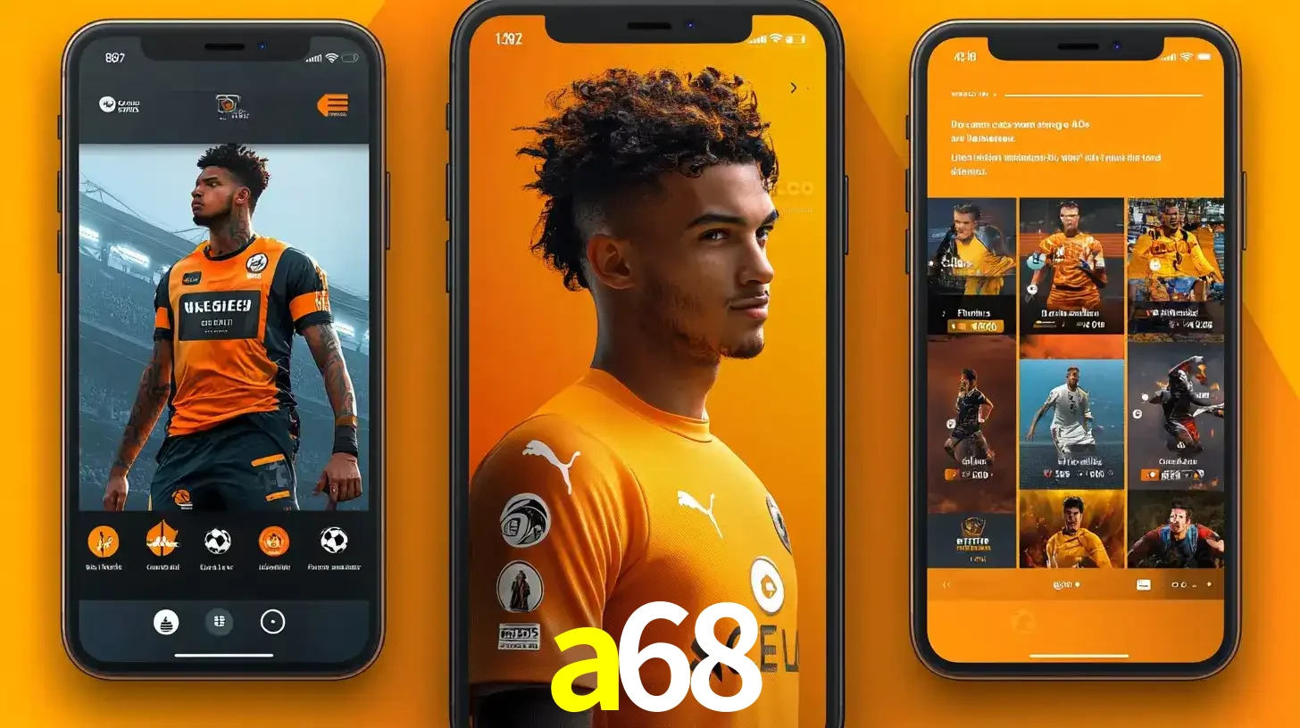 Interface do aplicativo de apostas esportivas a68 em três telas de celular, mostrando o perfil de um jogador de futebol e a lista de jogos disponíveis para apostar.