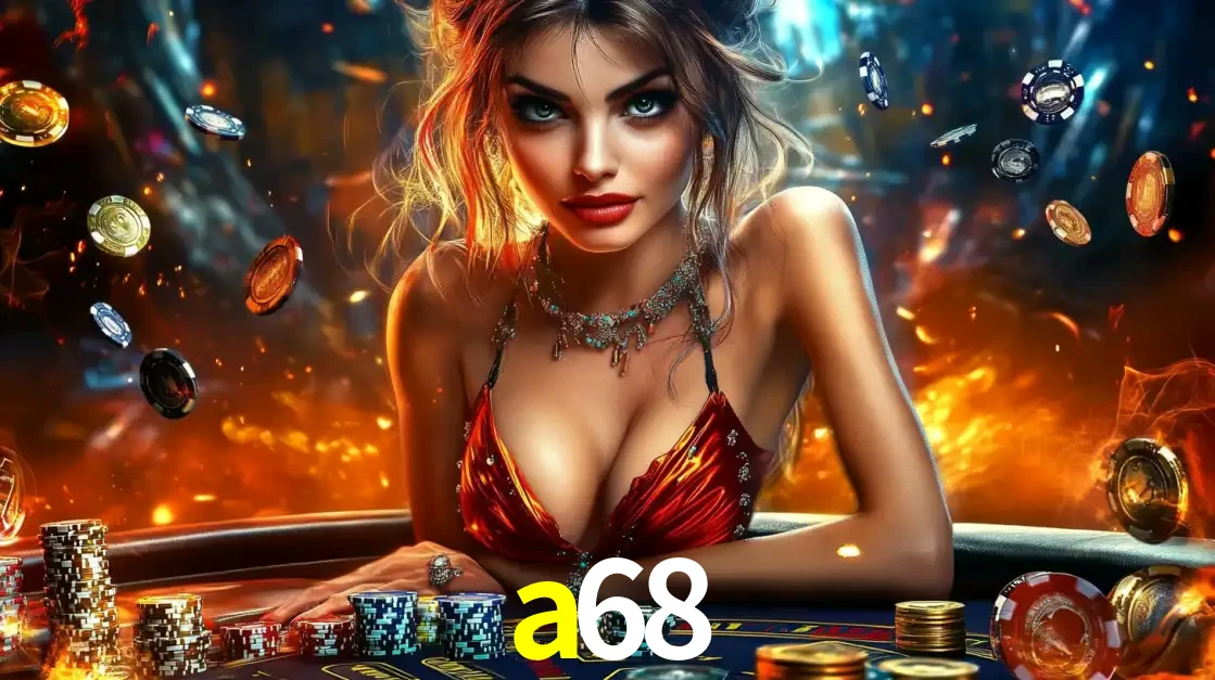 Mulher em uma mesa de cassino com pilhas de fichas e um fundo de fogo, pronta para uma rodada de altas apostas nos jogos de mesa emocionantes do cassino a68.