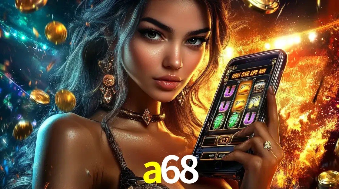 Mulher elegante mostrando um jogo de caça-níqueis em seu smartphone, destacando a experiência de cassino móvel oferecida pelo aplicativo a68.