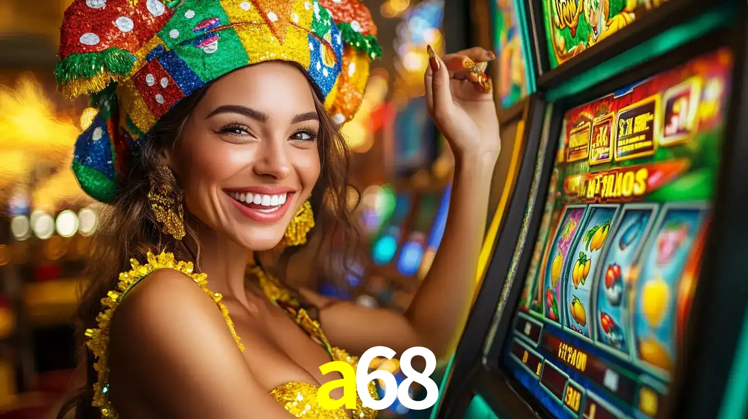 Mulher feliz com traje de carnaval amarelo e colorido ao lado de uma máquina de caça-níqueis, aproveitando a diversão e os jogos temáticos do cassino a68.