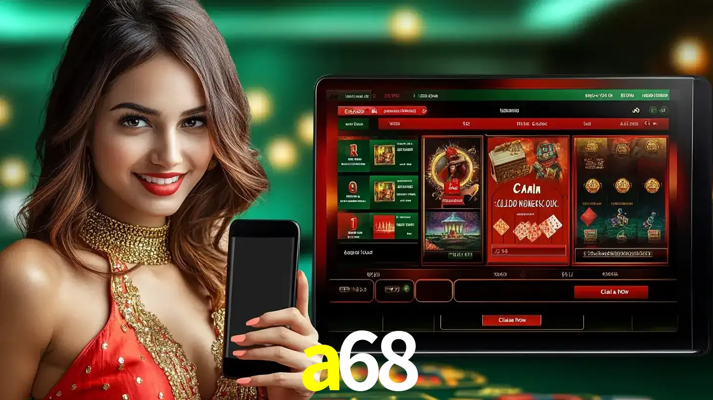 Mulher sorridente segurando um smartphone, ao lado de uma tela exibindo o lobby de jogos do cassino online a68, com várias opções de jogos de cartas e slots.